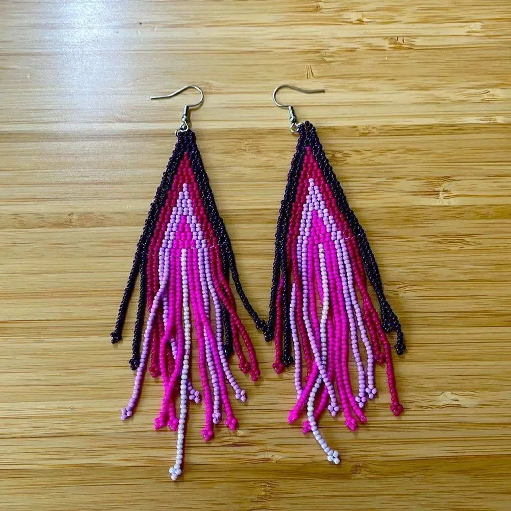 Pink Bohemian Beaded handmade Tassel Pendant Dangle Earrings
